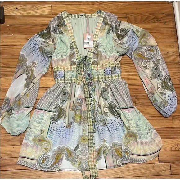 NWT Alexis Tessie Mini Dress In Rococco Pastel Paisley Chiffon Tie Front S - Picture 9 of 11